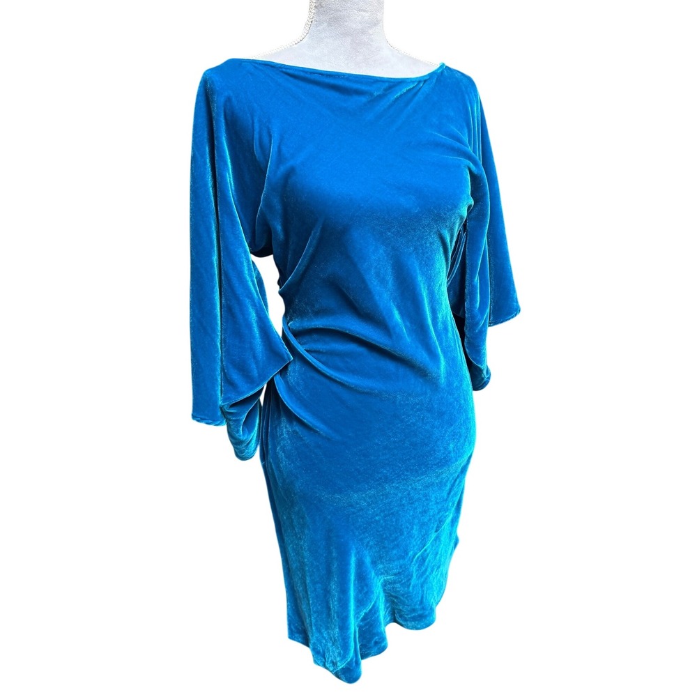 Diane von Furstenberg Silk Velvet Dress Blue Turquoise Bright 4 Kimono Sleeve